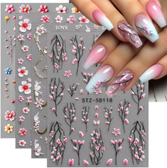 JMEOWIO 3D Nagelsticker Blume Nail Art Sticker Selbstklebend Nagelaufkleber 5D Stereoskopisch Frühling Sommer Floral Dekoration Nageldesign Zubehör 4 Blatt