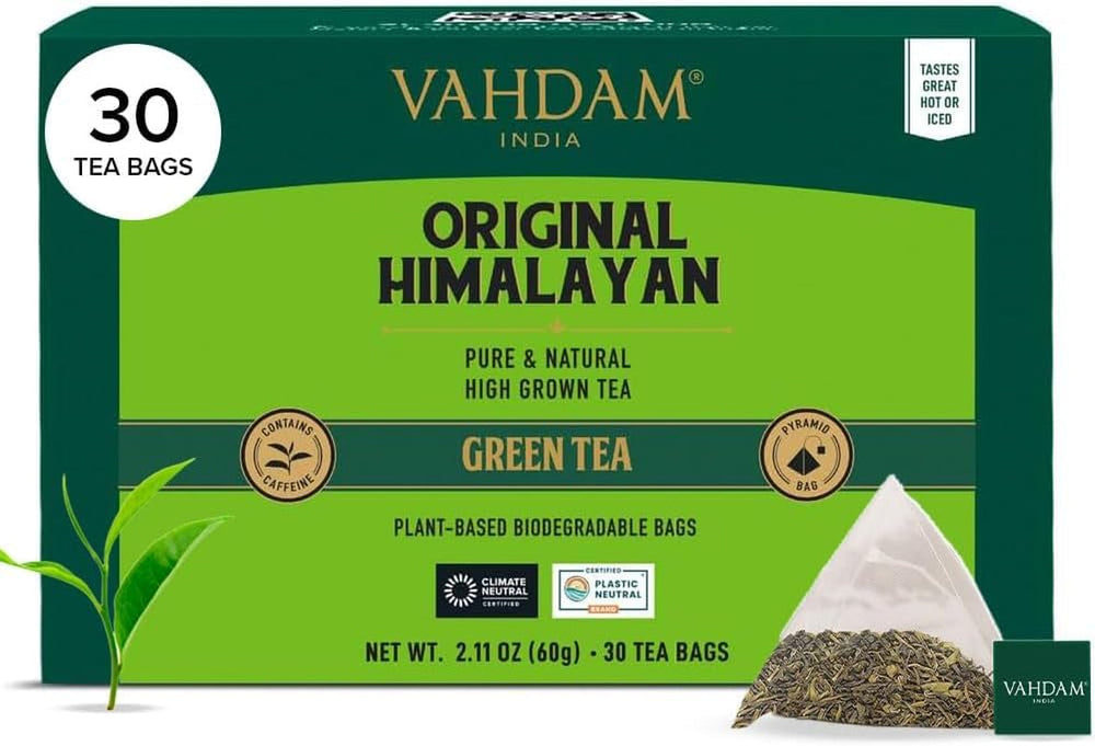 VAHDAM, ceai verde din Himalaya (30 pliculețe de ceai piramidale) 100% pur și aromat | Ceai verde natural cu frunze întregi | Proaspăt și direct de la sursa din India | Se prepară fierbinte sau rece