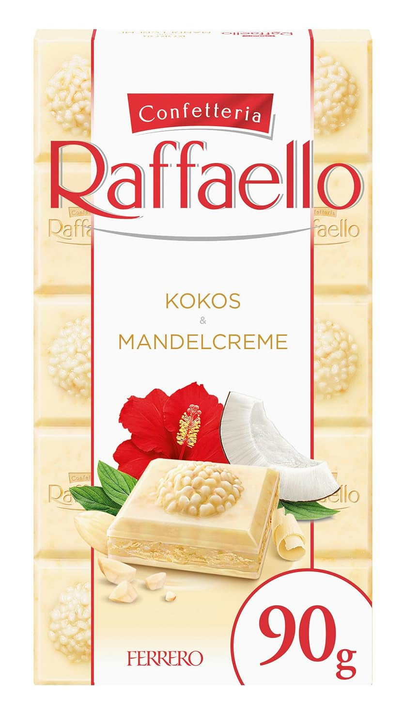 Ferrero Raffaello Chokoladebar - Valentinsdagsgave til ham og hende - Hvid chokolade med kokoscreme og mandler - 1 chokoladebar x 90 g