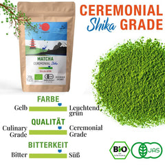 ORIGEENS BIO MATCHA CEREMONIAL GRADE „SHIKA” - Ceai japonez organic, provenit din Shizuoka - Matcha Latte/Usucha - Pliculeț de reumplere de 30 g - Ceai verde Matcha pulbere organic de calitate ceremonială