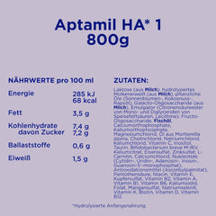 Aptamil HA 1 - Modermælkserstatning fra fødslen, med DHA, laktosefri, palmeoliefri, babymad, mælkepulver, 1 x 800 g