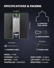 VIPARSPECTRA P1000 LED Grow Light Full Spectrum 2024 LED Grow Light 0%-100% Dæmpbar til drivhuse Indendørs planter Frøplanter Grøntsager Blomster Voksetelte 60x60cm og 80x80cm