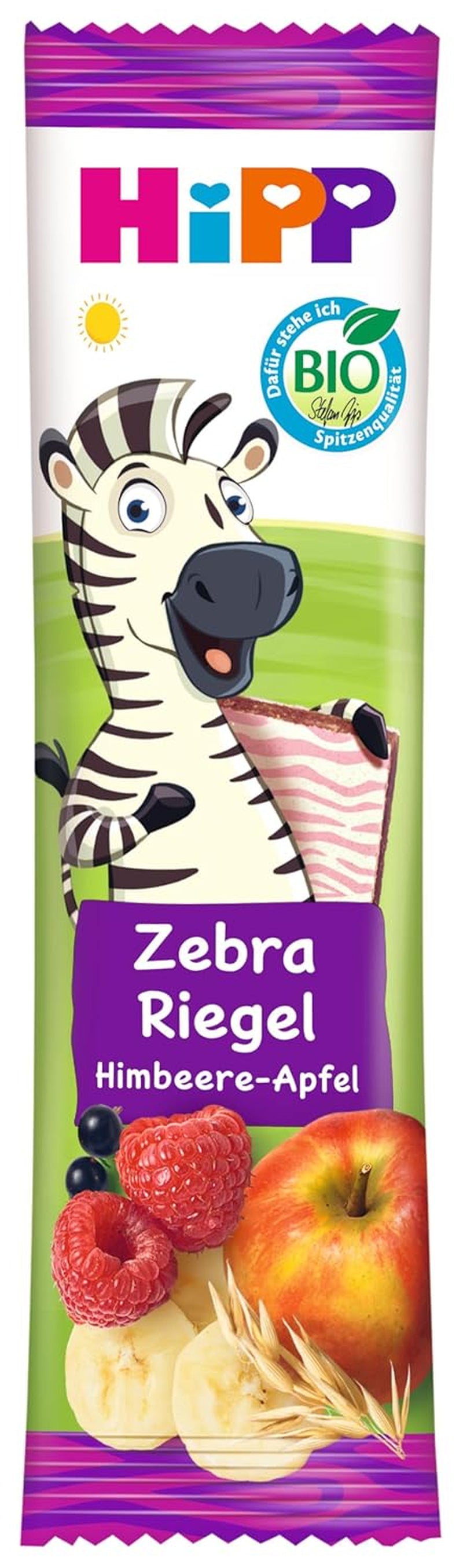 HiPP Zebrabars med hindbær- og bananæblesmag (22 x 23g), fra 1 år, kun sødet med frugt, af bedste økologiske kvalitet