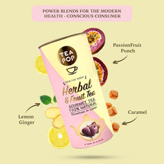 Ceaiuri din plante și fructe Tea-Pop, 6 stickuri Tea-Pop 100% naturale, ceaiuri gourmet vegane cu lămâie și ghimbir, punch de fructe, caramel crocant, ușor solubile în apă
