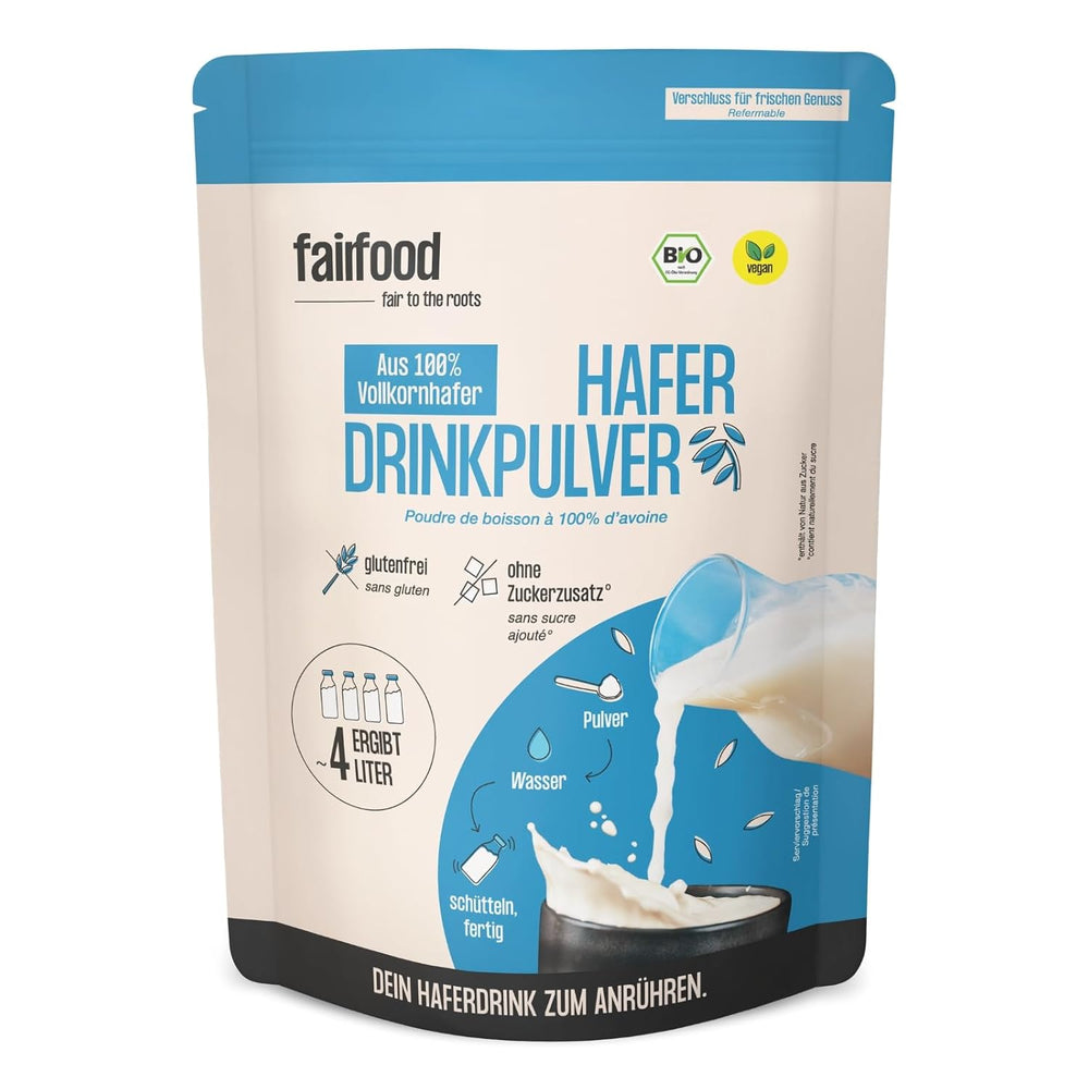 fairfood Bio Haferdrink Pulver 360g - nachhaltige Milchalternative - vegansk, glutenfri og ohne Öl - bis zu 4L Haferdrink - zum Selbermischen - 100% Bio-Vollkornhafer