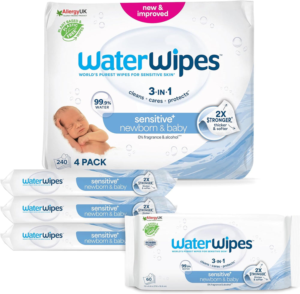 WaterWipes Sensitive+ vådservietter til nyfødte og babyer 240 Count (4 Pack) 3-i-1 rengøring, pleje, beskyttelse, 99,9 % vand, parfumefri