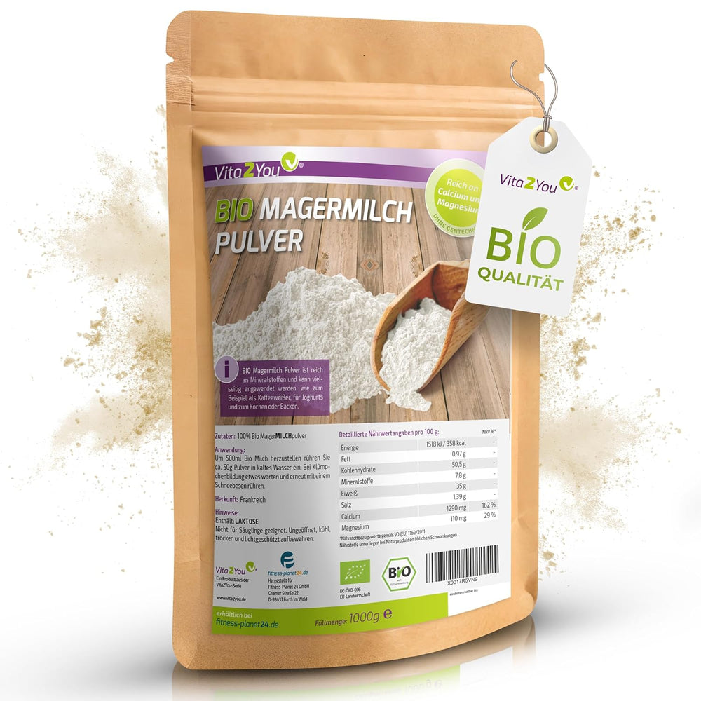 Vita2You Bio Skummetmælkspulver 1000g - 100% Bio Qualität - til bagning - Kaffeeweißer - Milchpulver für Joghurts - 1 kg - Premium Qualität