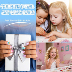 Set de unghii false - 120 de bucăți de unghii autoadezive pentru copii cu lipici de unghii, set de unghii artificiale autoadezive cu acoperire completă, unghii false pentru fete cu mâini mici (colorat A, 120X)