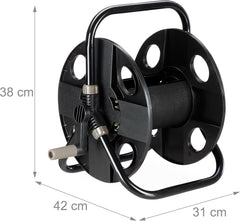 Rolă furtun Relaxdays, pentru furtun de 30 m 1/2", oțel, plastic, suport furtun, HL: 38 x 42 x 31 cm, negru-gri