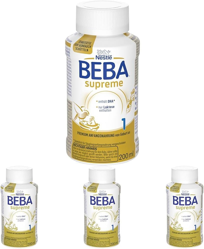 BEBA Nestlé BEBA SUPREME 1 Spædbørnsmælk: drikkeklare flasker med Omega 3, pakke med 4 (1 x 200 ml)