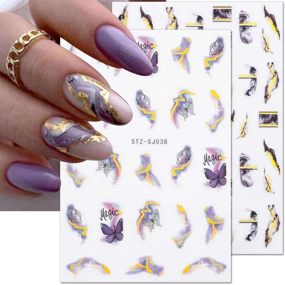 6 Blatt 3D Lila Schmetterling Nagelstickers Selbstklebend Nagelaufkleber Schmetterlinge Nail Sticker Bunte Blühen Marmor Nagel Stickers Regenbogen Welle Linien Nail Art Aufkleber Nageldesign Zubehör