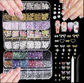 Nail Charms,6 Boxen Gold Silber Nagel Charms 3D Gold Bogen Stern Nail Art Dekoration+6200 Strasssteine Bunt Steine AB Perlen Diamanten,3D Legierung Bow Nail Gems Nagel Deko Für Frauen Nagel (6-A)