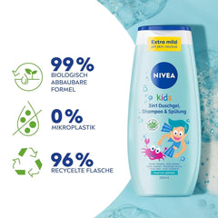 Gel de duș, șampon și balsam NIVEA KIDS 3in1, îngrijire și curățare pentru copii cu un parfum magic de mere, extra blând, îngrijire fără săpun pentru păr și piele pentru copii (250 ml) Copii - Baie si Skincare Naty Shop