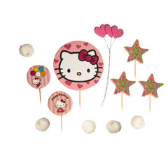 Hello Kitty sæt med 12 spiselige kagedekorationer – farverige sukkermassetoppere