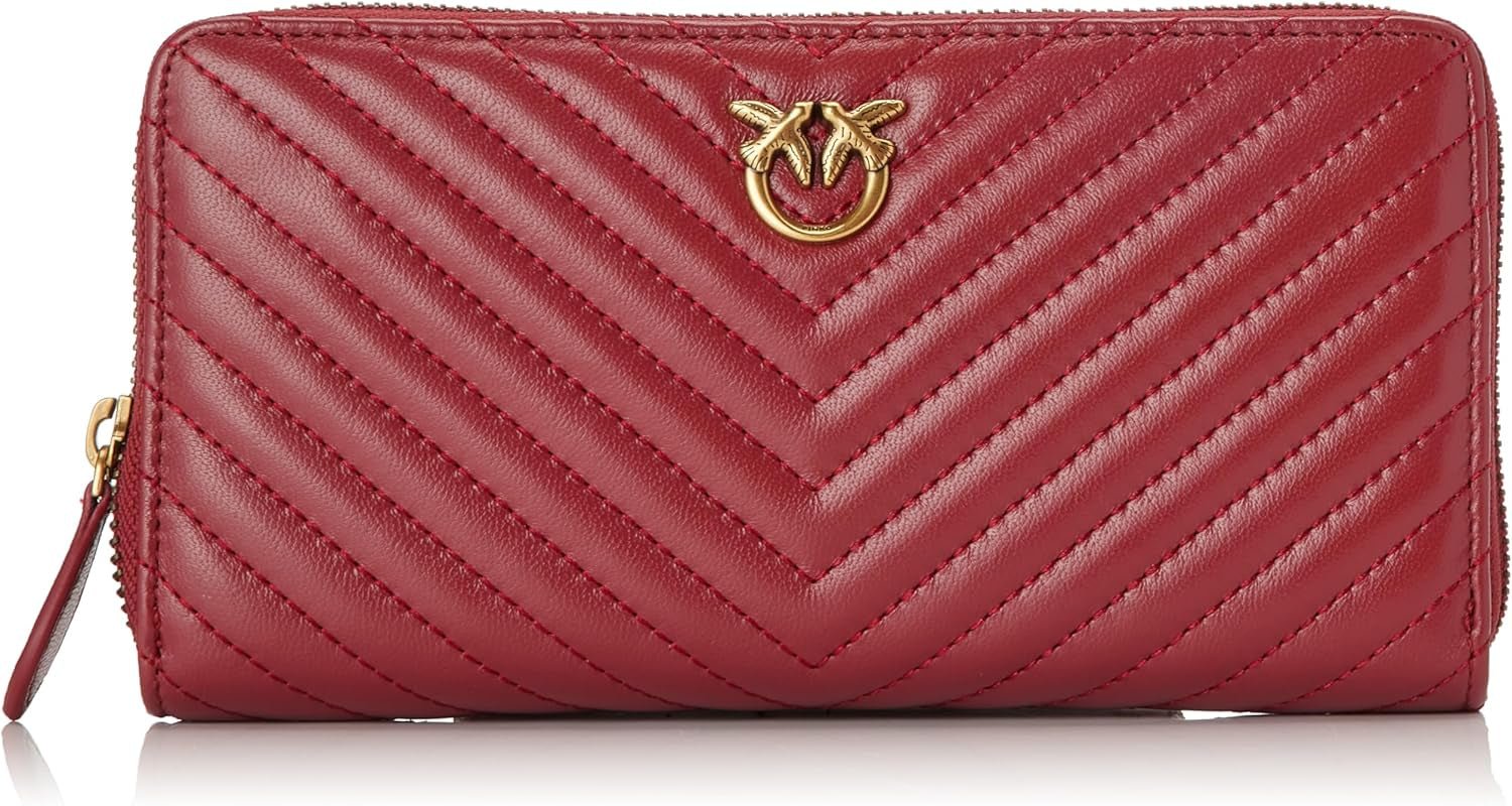 Pinko Women's Ryder Zip Around Sheep Nappa C Travel Accessories Wallet Portofel Femei Naty Shop R40Q_Roșu închis-Aur antic O mărime se potrivește tuturor