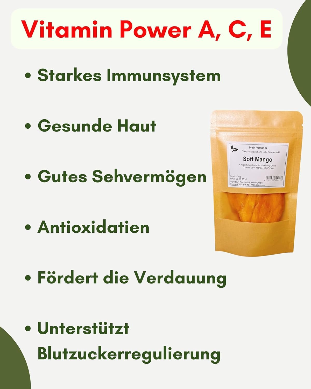 SOFT MANGO - Felii moi de mango uscat din Vietnam - Aromă fructată și exotică - Vitaminele Power A, C, E - Vegan - Punguță stand-up 100g Mango uscat Produse deshidratate Naty Shop