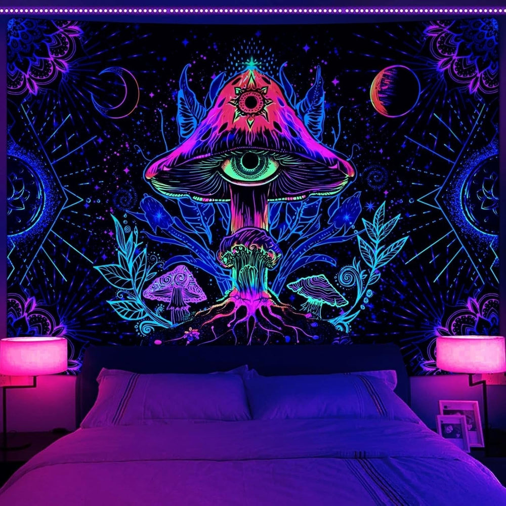 Tapiserie alishomtll fluorescent mushroom black light mandala Casa - Accesorii si Decoratiuni Naty Shop Multi 150L X 130B Cm