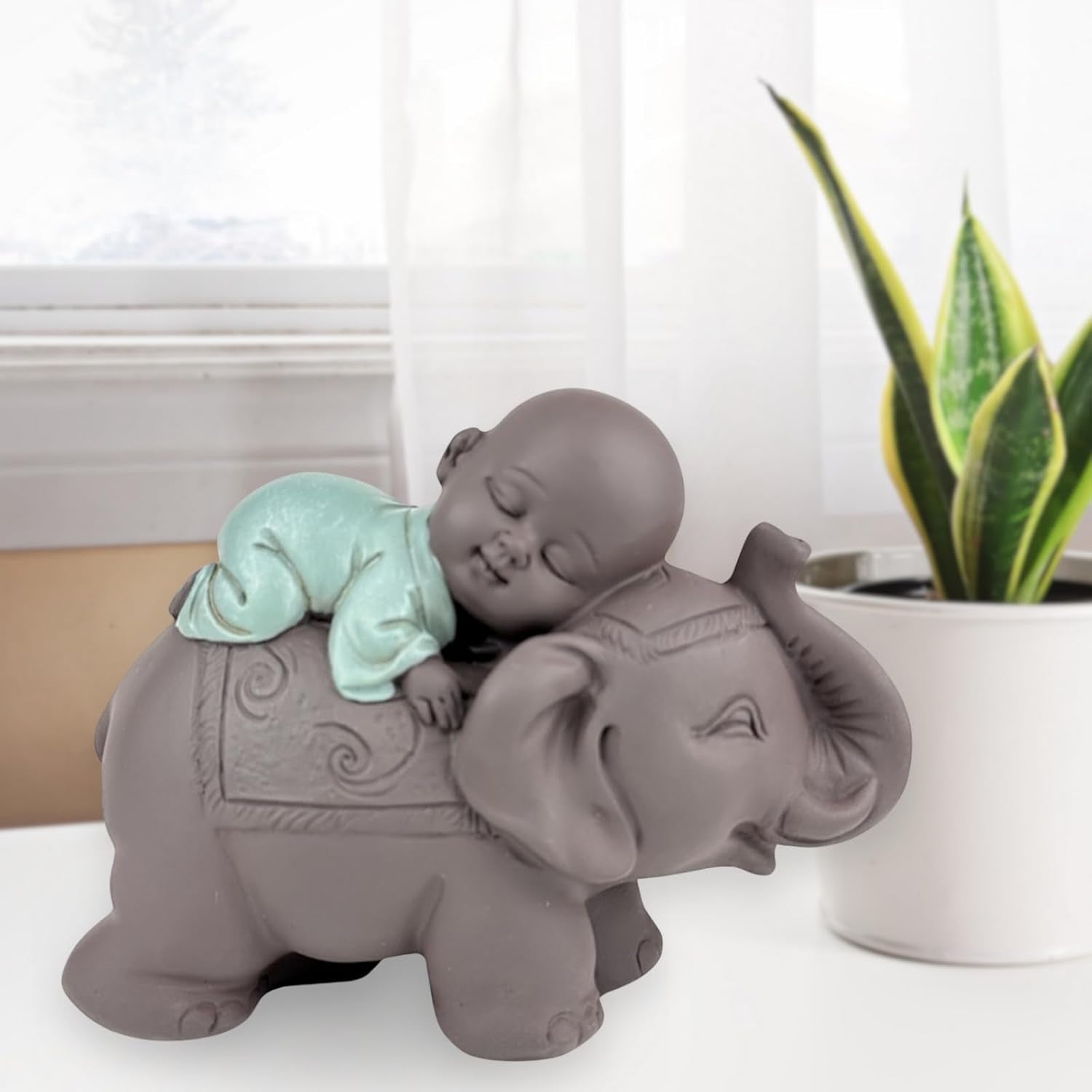 Zen'Light Statue Buddha Bonze Sleeping on Elephant - Atmosferă Zen în spațiul tău sacru - frumoasă figură de bun augur -H 9.5 cm, Brown & Green Statuete si sculpturi Naty Shop