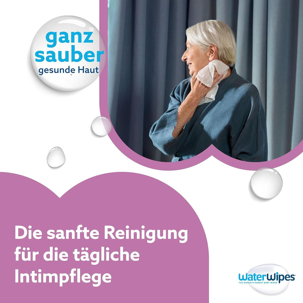 Waterwipes Adult Care Body & Intimate Hygiene Wipes, 180 șervețele (6 pachete), 99,9% apă, 3-In-1 Curăță, Hrănește, Protejează, Neparfumate, Ambalajul poate varia