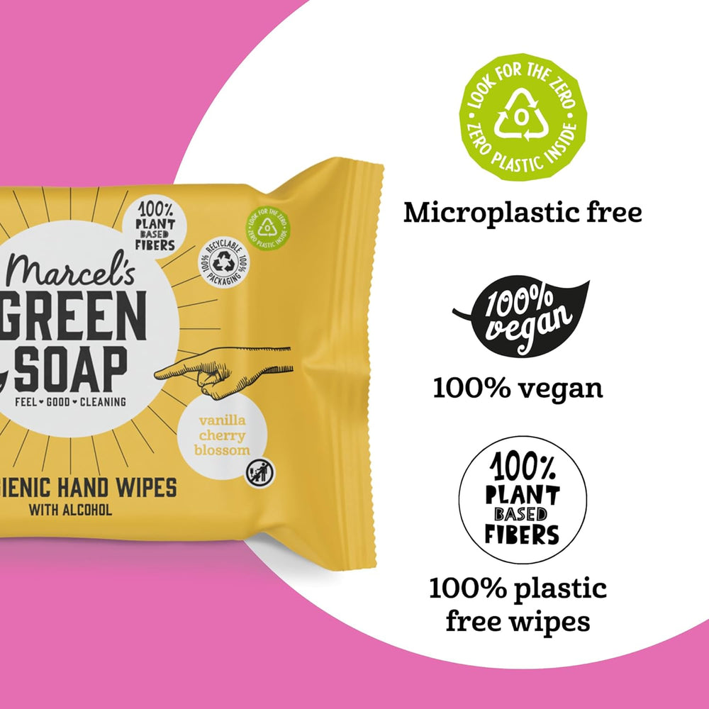 Marcel's grønne sæbe håndvådservietter 60 pakke - vanilje & kirsebærblomster - plantebaseret - økologisk