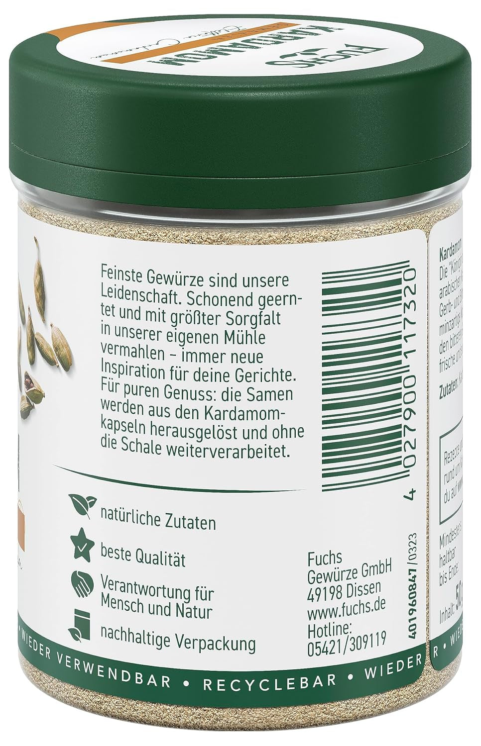 Fuchs Gewürze - Kardemomme gemahlen - Gewürz für Glühwein oder Fleischgerichte wie Roastbeef eller Schweinebraten - naturlige ingredienser - 50 g i wiederverwendbarer, genbrugsbarer Dosis