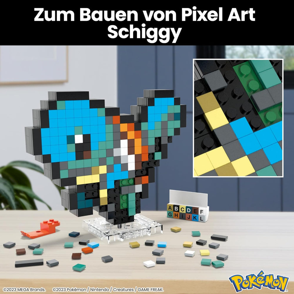 MEGA Pokémon Schiggy - sammenbygget figur i retro-look, Pixel Art, 15 cm stor, inklusive Basis zur Wallmontage, for Erwachsen og erfahren Sammler, HTH77