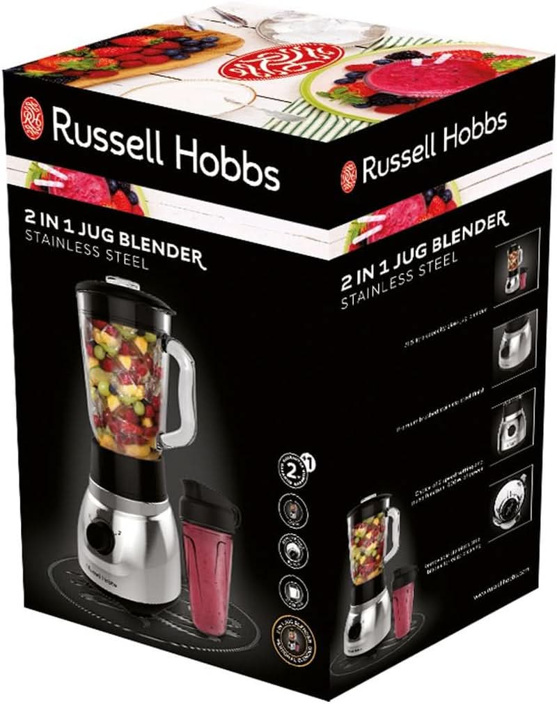 Russell Hobbs Standmixer 2-I-1 [1,5L Glasbehälter Mixer & 0,6L Mini Smoothie Maker -To-Go-Trinkflasche Inkl. Deckel] Spülmaschinenfest, Impuls-/Ice-Crush Funktion, Becher BPA Frei, Edelstahl 23821-56 Kitchen Naty Shop