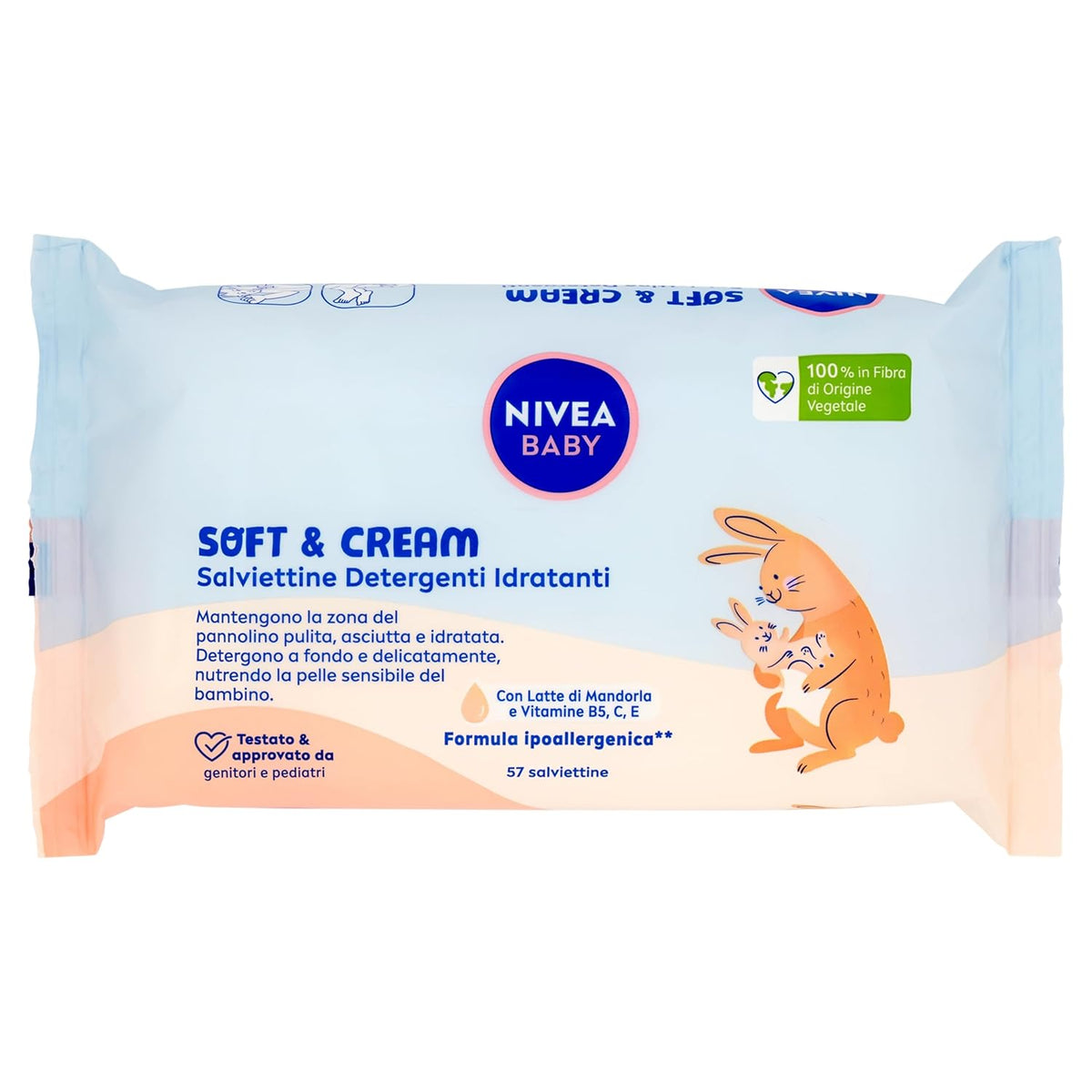 NIVEA Baby Moisturizing Cleansing Wipes Soft & Cream, 57 stykker, til ren, tør og fugtet hud, babyservietter med mandelmælk og vitamin B5, C og E