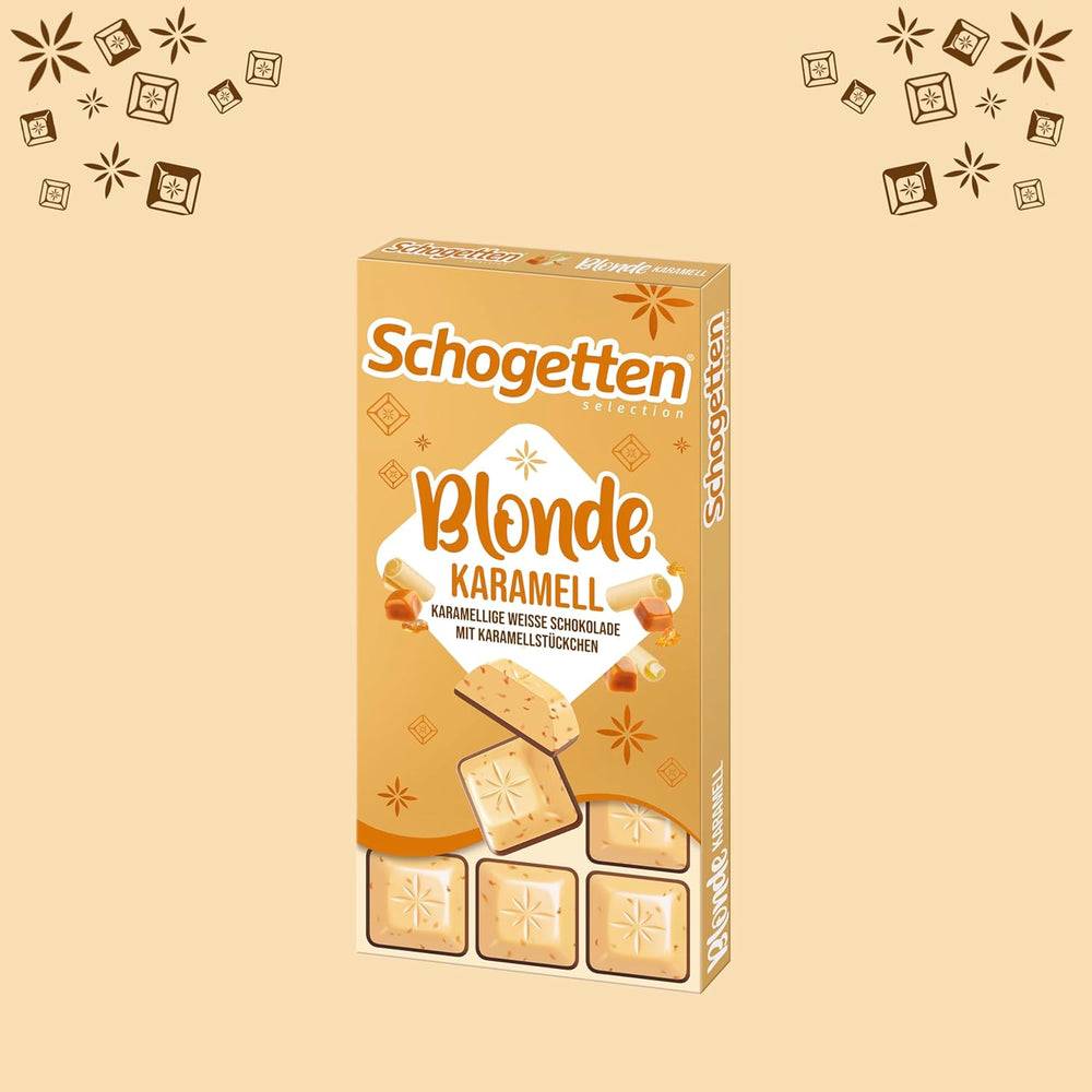 Schogetten Blonde Karamel | Karamel med hvid chokolade og karamelstykker | Chokoladebar 100g | Bekvemt portioneret