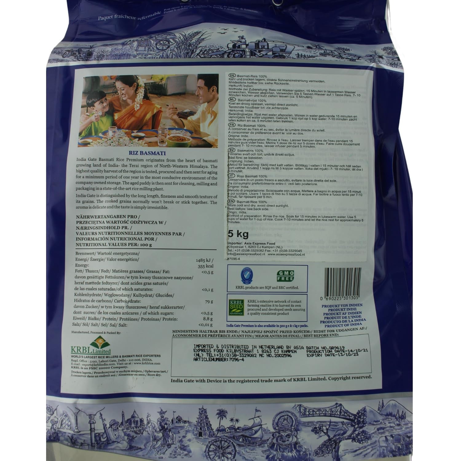 INDIA GATE Premium Basmatiris – Fin langkornet ris, aromatisk, fra Indien, fin langkornet (1 x 5 kg)
