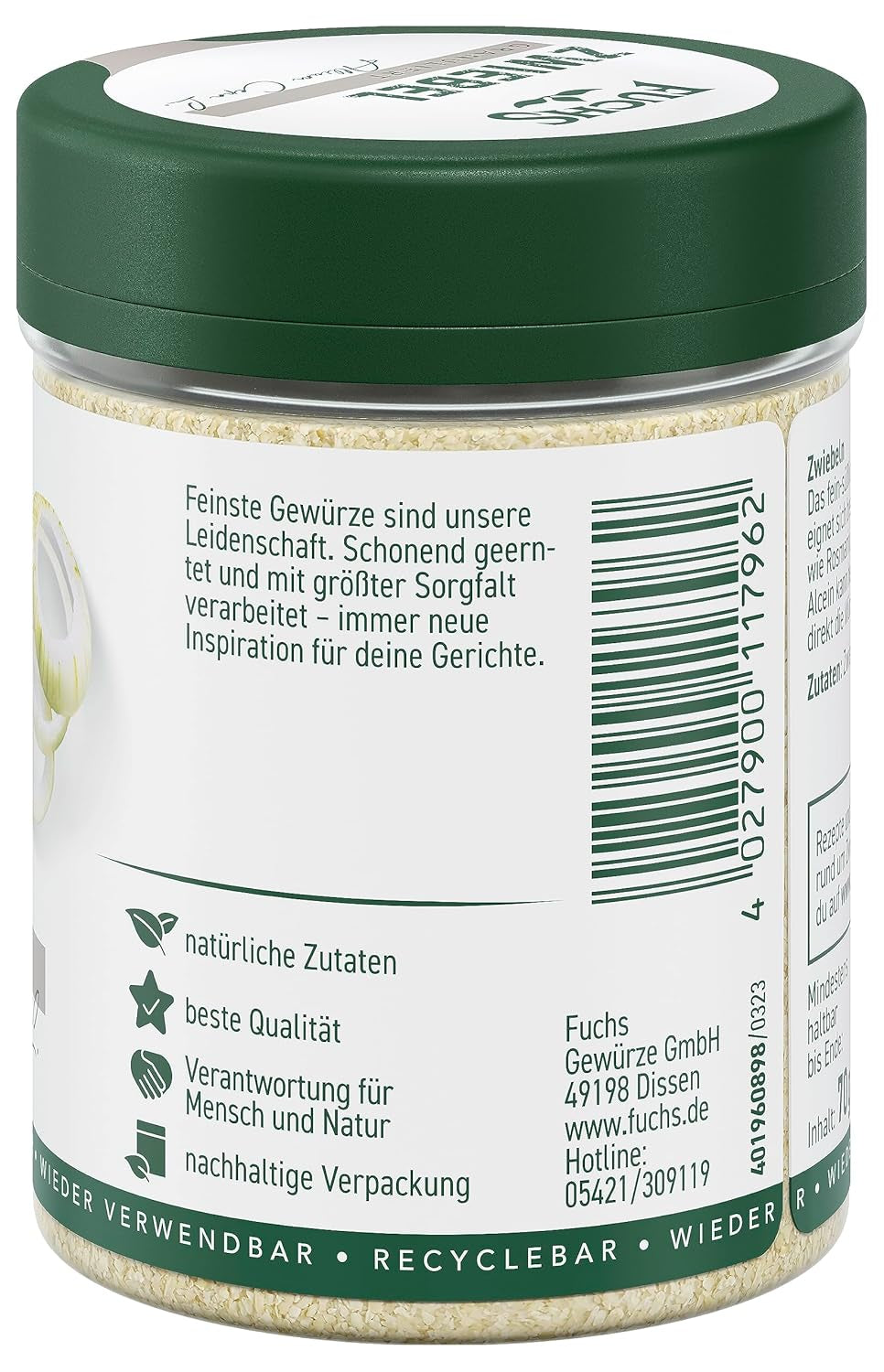 Fuchs Gewürze - Zwiebel granuliert - Gewürz für Saucen oder Nudelgerichte - naturlige ingredienser - 70 g i wiederverwendbarer, genbrugsbarer Dosis