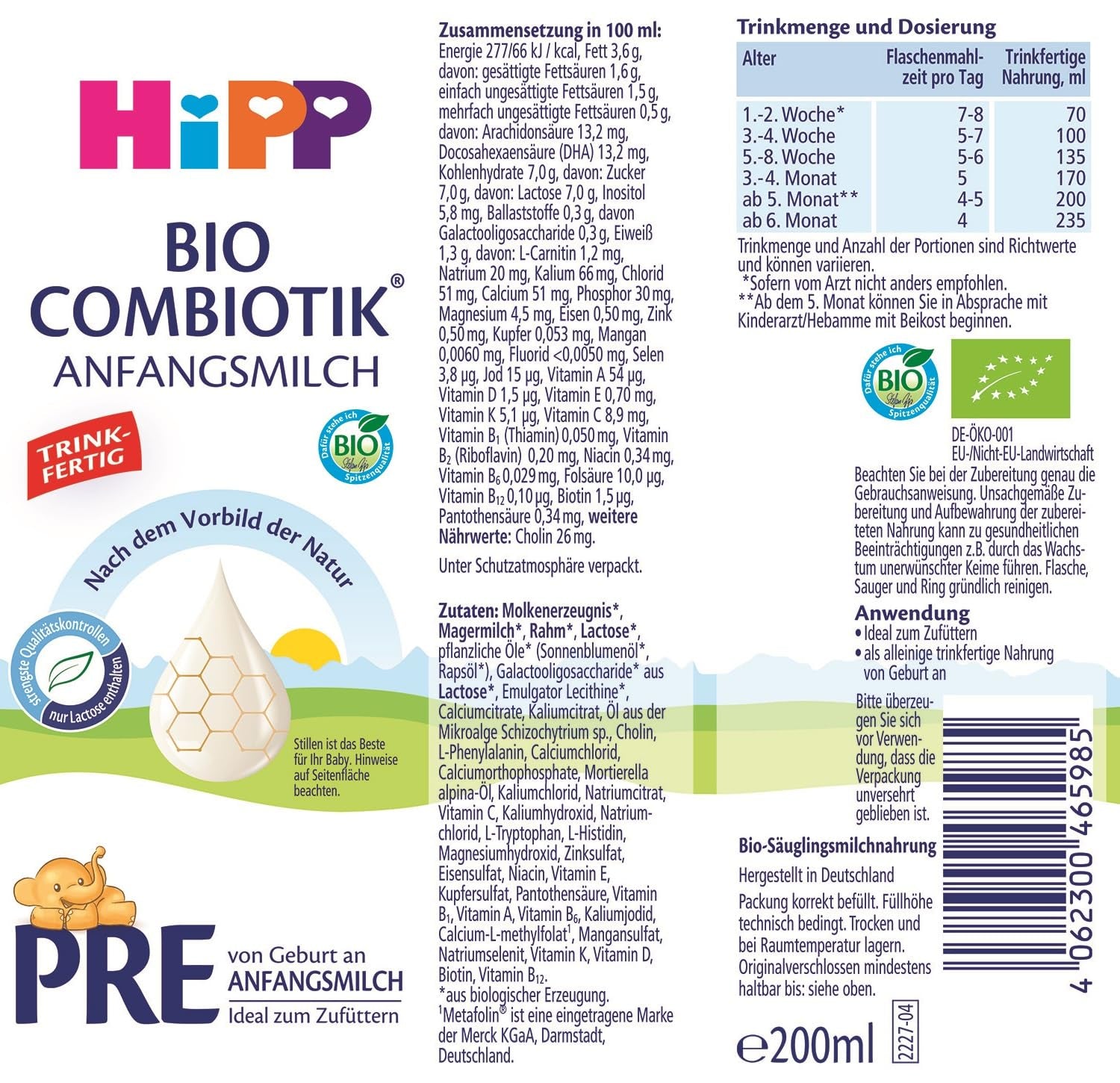 HiPP PRE Organic Combiotic Formula Klar til at drikke (6 x 200 ml) Spædbørnsmælk fra fødslen indeholder kun laktose som kulhydrat Bedste økologiske