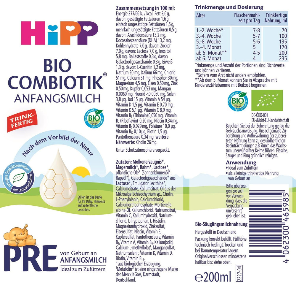 HiPP PRE Organic Combiotic Formula Klar til at drikke (6 x 200 ml) Spædbørnsmælk fra fødslen indeholder kun laktose som kulhydrat Bedste økologiske