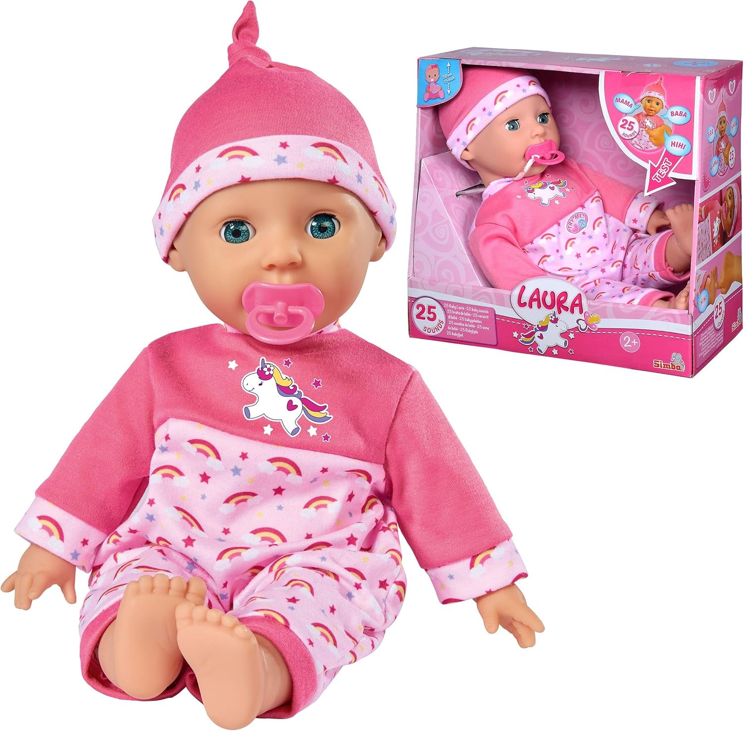 Simba 105140060 - Laura Kitzel Baby, Weichkörperpuppe mit Regenbogenstrampler, power 25 Babylute, 38cm, Babypuppe ab 2 Jahre