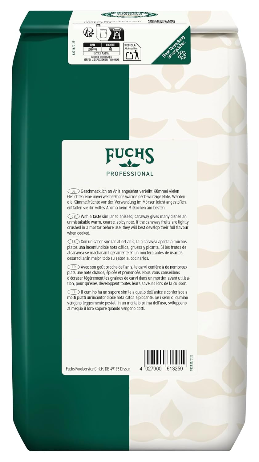 Fuchs Professional - Kümmel ganz | Ungemahlen, zum Würzen von Bratkartoffeln oder Krautgerichten | Profi-Qualität für Großverbraucher und Gastronomie | 1 kg im genbrugspose