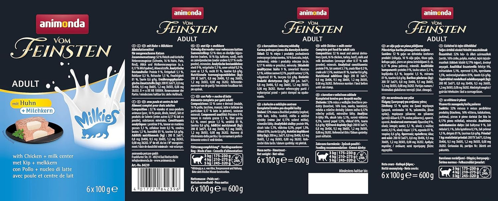 animonda Vom Feinsten Adult Katzenfutter, Nassfutter für ausgewachsene Katzen, mit Huhn + Milchkern, 6 x 100 g