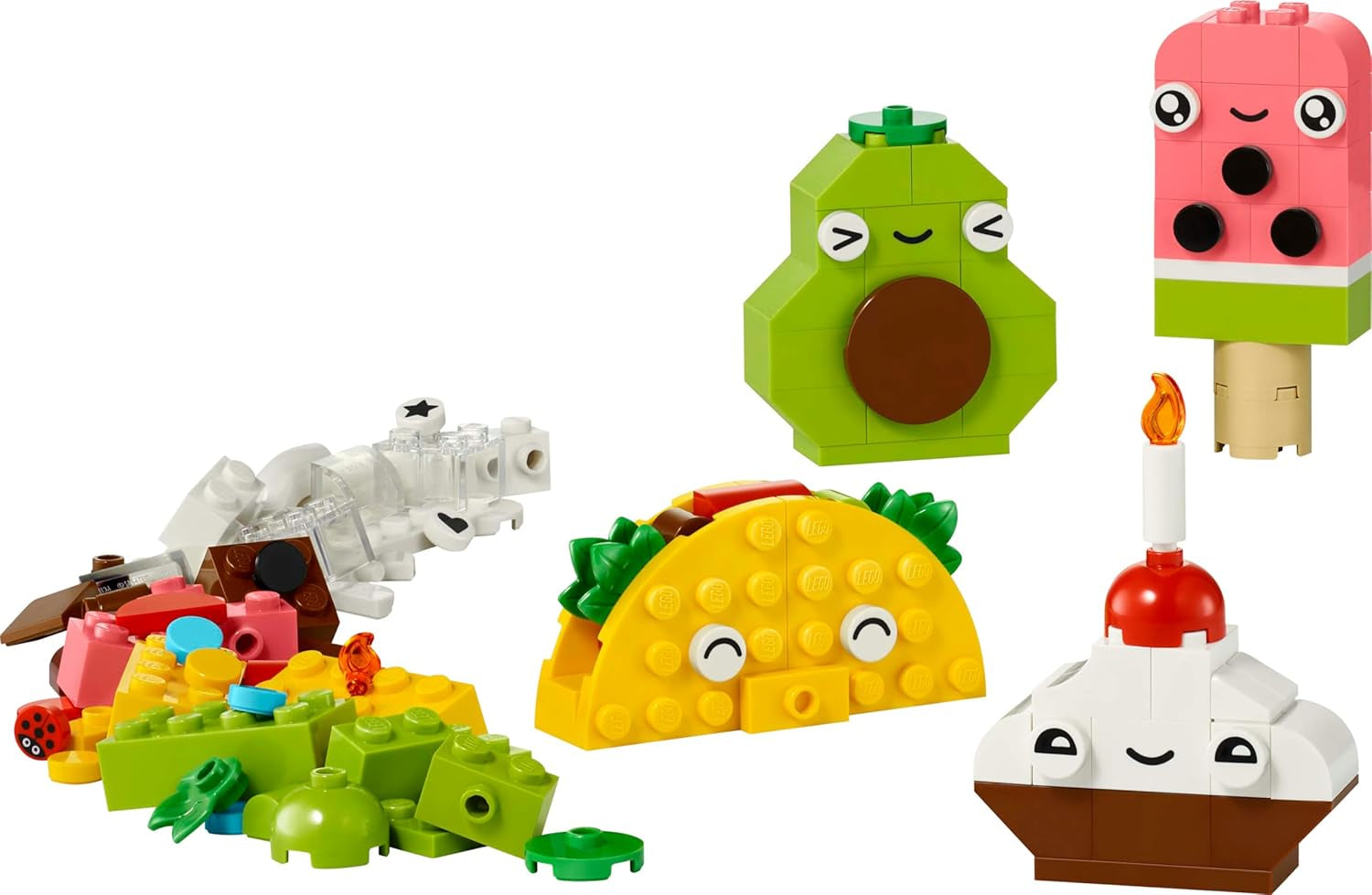LEGO Classic Creative Snack Bauspaß, Spielzeug mit Essen for fantasievolle Rolenspiele, Bauset für Jungen und Mädchen ab 4 Jahren, Cupcake, Avocado, EIS am Stiel og Taco 11039