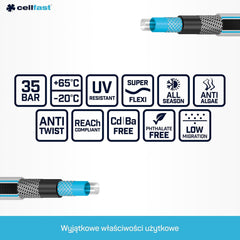 Furtun de grădină Cellfast MULTIFLEX PRO, durabil, cu 6 straturi, împletitură tricotată ATS2, rezistent la UV și alge, fără metale grele, tehnologie de catifea, 35 bar, -20/+65°C, 3/4", 30m