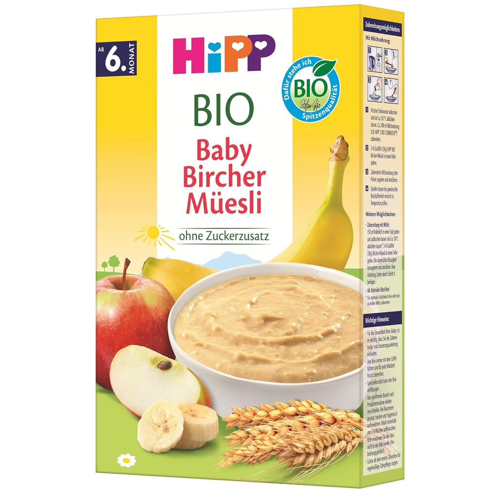 HiPP Økologisk Baby Bircher Müsli (8 x 250 g), fra 6 måneder, uden tilsat sukker, ekstra møre kornflager - letfordøjelig morgenmad af bedste økologiske kvalitet
