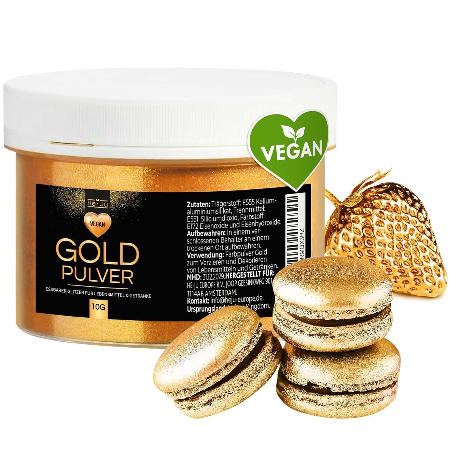 Pudră de aur comestibilă He-Ju 10g, vegană și fără E171, colorant alimentar auriu, sclipici comestibil pentru băuturi și alimente
