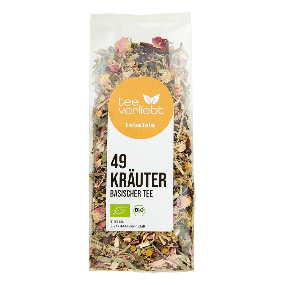 Teeverliebt - Ceai de plante alcalin 1000 g ceai vrac cu 49 de plante organice selectate, ceai alcalin pentru bunăstare cu păpădie, rădăcină de alant, salvie, urzică, scorțișoară, măr și multe altele.