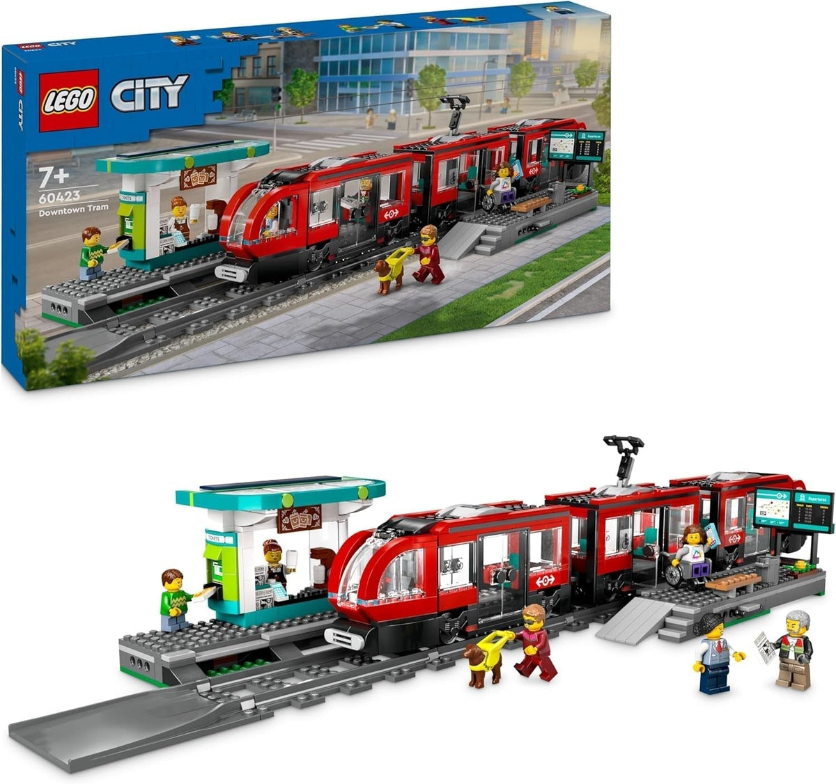 LEGO City sporvogn med station, gaveidé til billegetøjsfans fra 7 år, med 6 minifigurer og en førerhund til rollespil, byggelegetøj 60423 Byggesæt Besuche den LEGO-Store Standard titel
