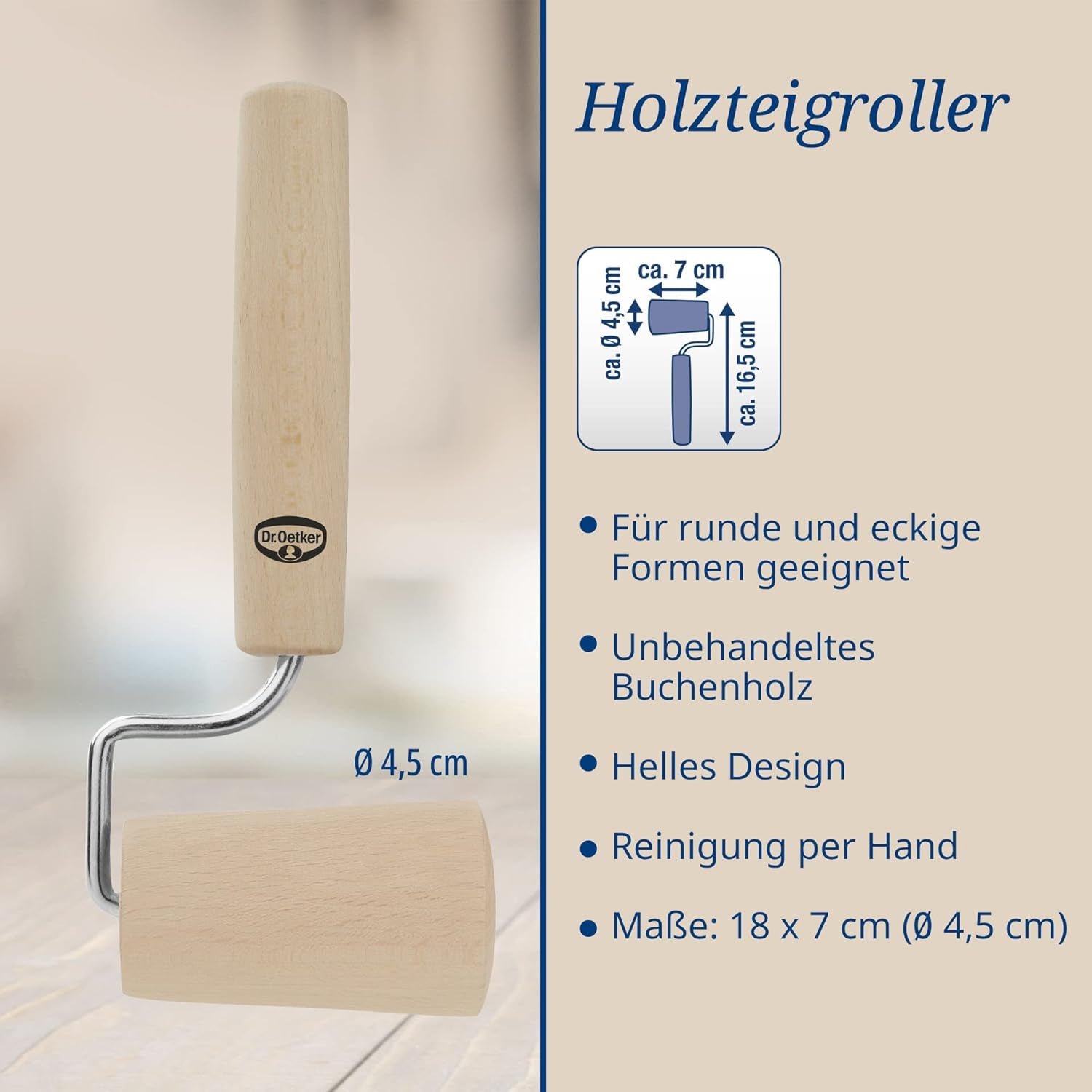 Dr. Oetker Teigroller aus Holz – Teigrolle aus højkvalitets Buchenholz – Perfekt für round und eckige Formen – ca. 18 x 7 cm, Rolle Durchmesser ca. 4,5 cm