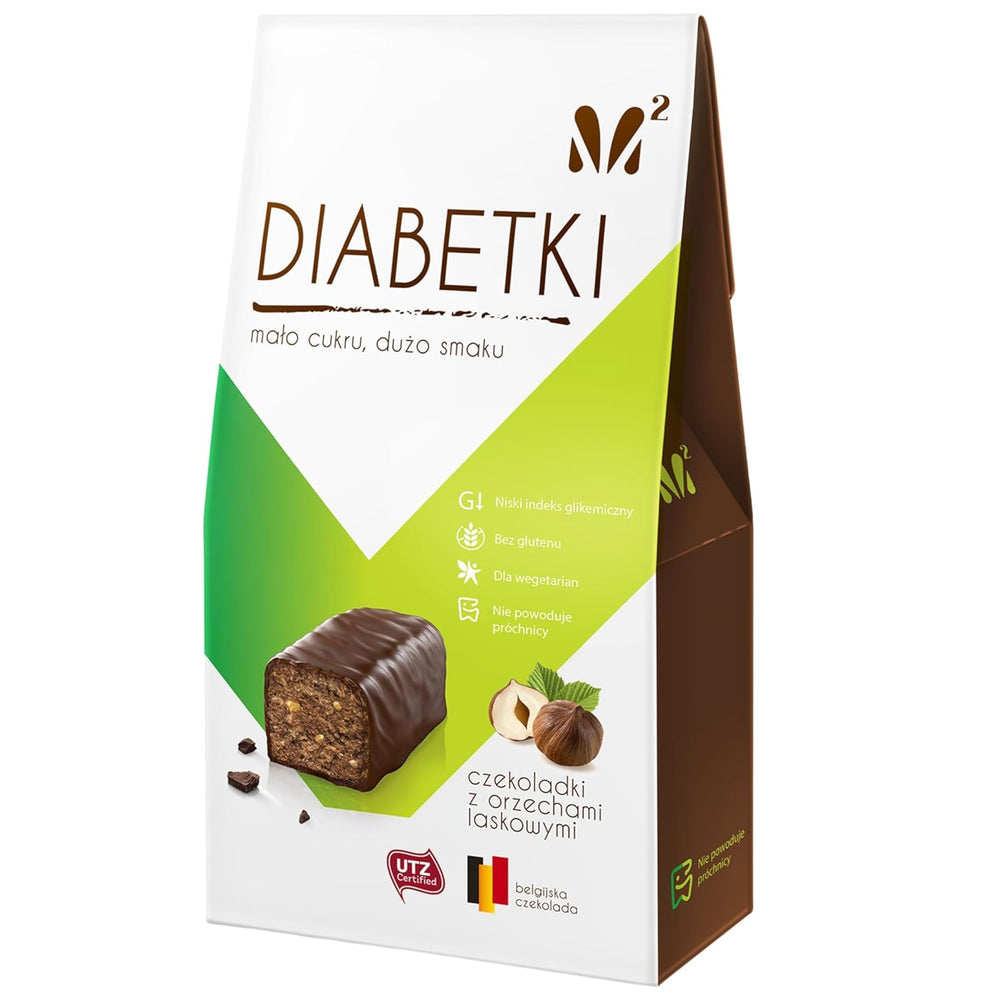 DIABETKI hasselnøddepraliner, sukkerfri chokolade, lækre slik til bevidste og diabetikere, glutenfri og vegetariske snacks 100g