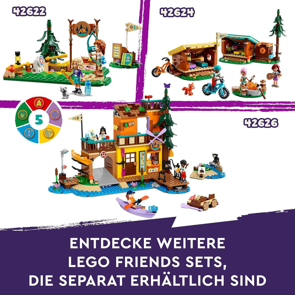 LEGO Friends hyggelige hytter på eventyrlejr, udendørs rollelegesæt, børnelegetøj til piger og drenge fra 7 år med 3 figurer og ræv, campinglegetøj 42624 Byggesæt Besuche den LEGO-Store