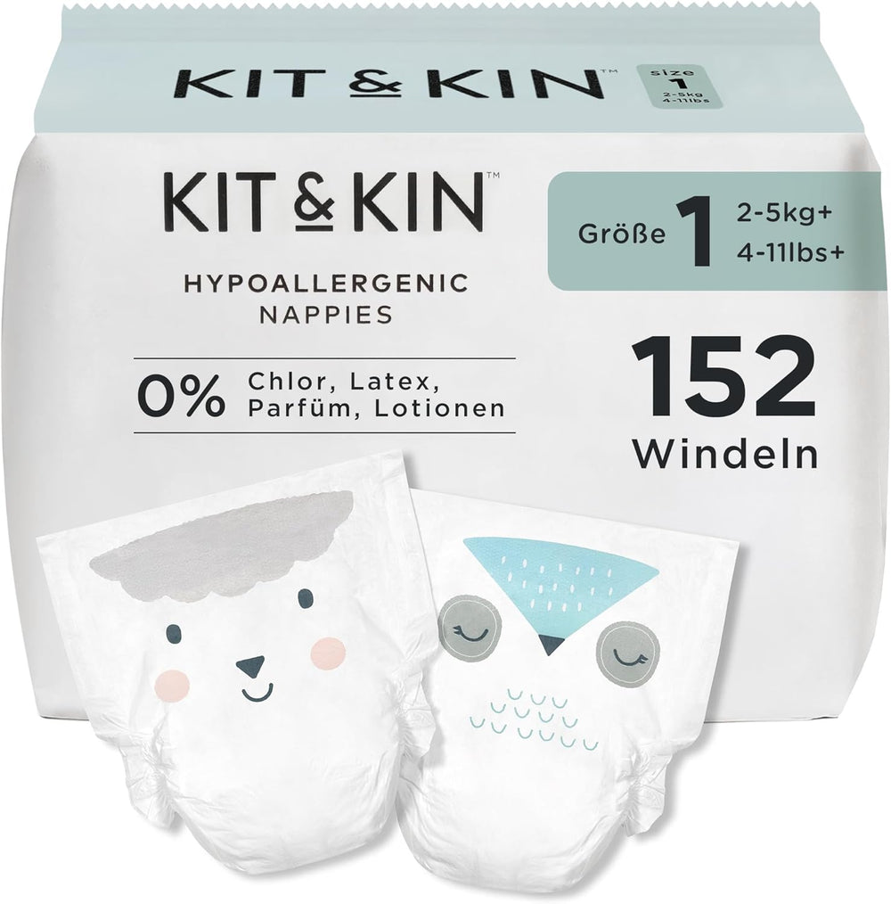 Kit & Kin Premium bleer, størrelse 4 (9-14 kg), 128 count, plantebaseret og allergivenlig, pålidelig lækagebeskyttelse, vegansk og grusomhedsfri