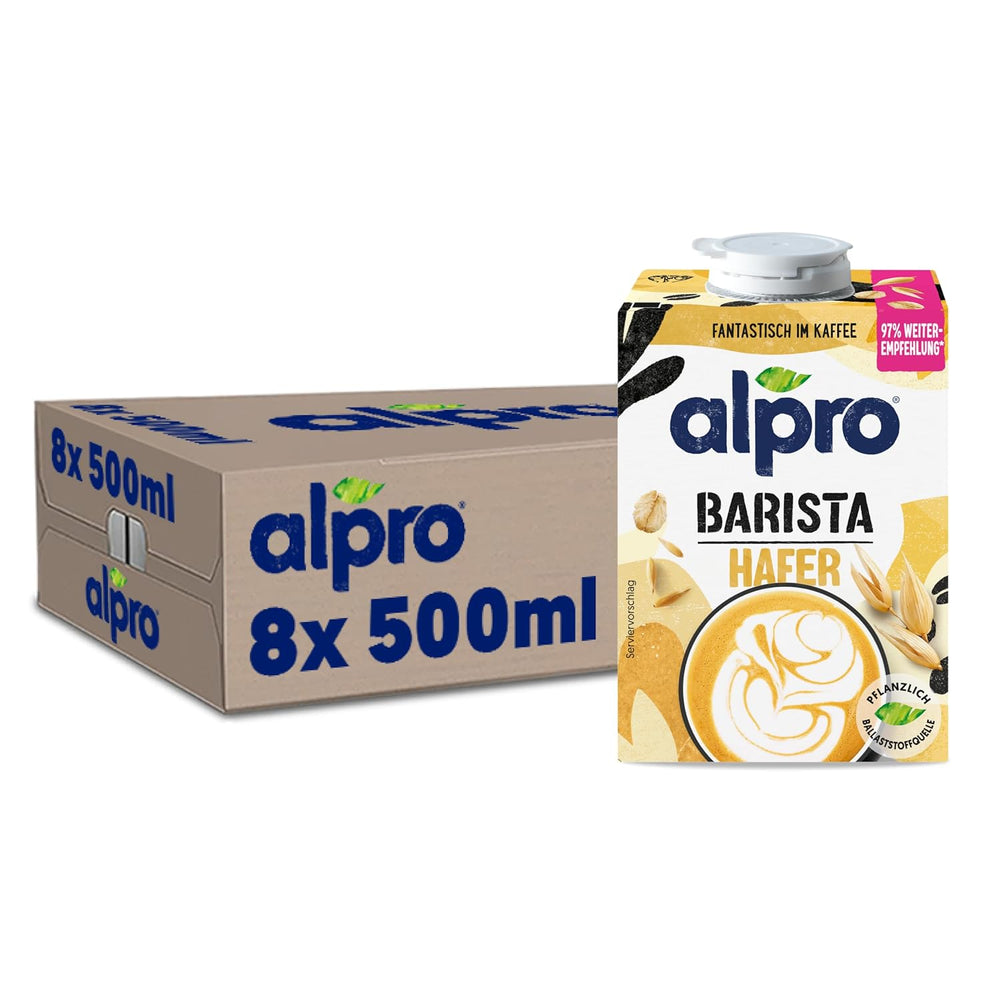 Alpro Barista Haferdrink – Zum Aufschäumen – Vegan und milchfrei – Von Natur aus lactosefrei – Rich an Ballaststoffen, Calcium og Vitaminen – 8 x 1 L – Haltbar