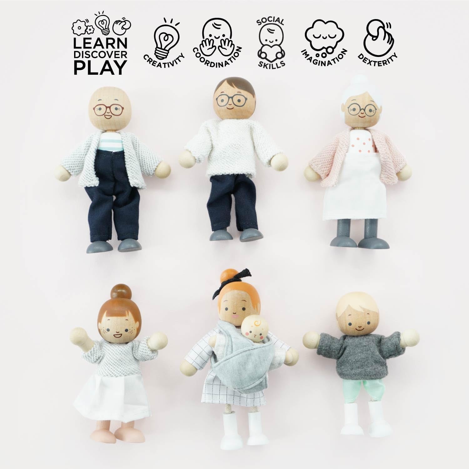 – Set de joacă din lemn „Familia mea de păpuși” pentru case de păpuși | Seturi de accesorii pentru case de păpuși Daisylane pentru fete – Potrivit pentru copii cu vârsta de 3 ani și peste, P053
