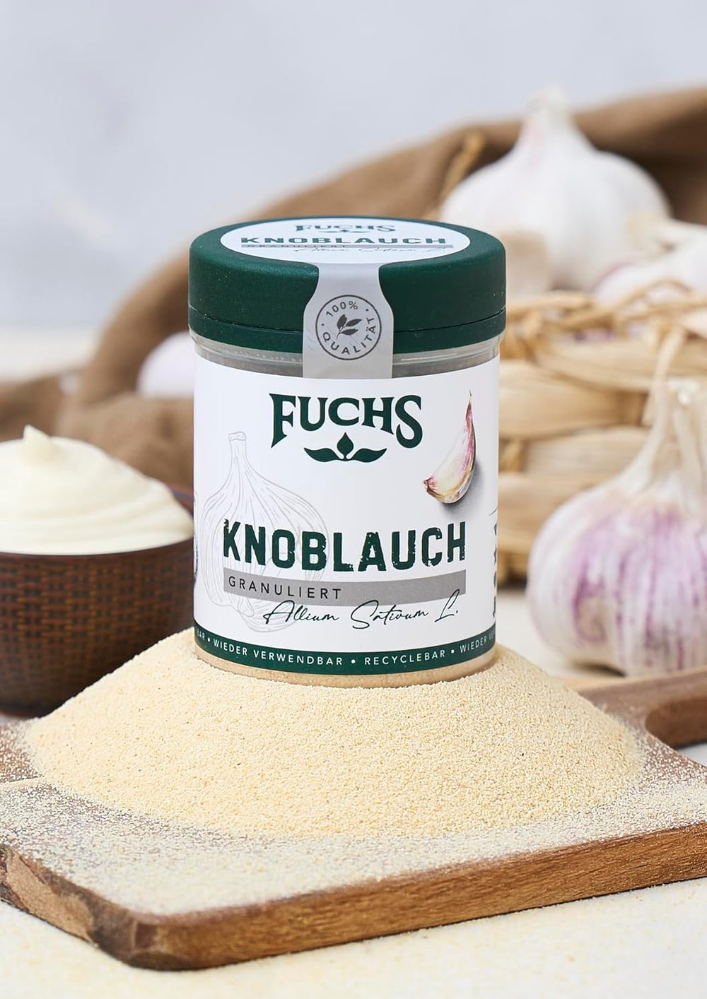 Fuchs Gewürze - Hvidløg granuleret - würzig-zwiebliger Geschmack für Tzatziki, Knoblauchbutter eller Gemüsegerichte - naturlige ingredienser - 85 g i wiederverwendbarer, genbrugsbarer Dosis