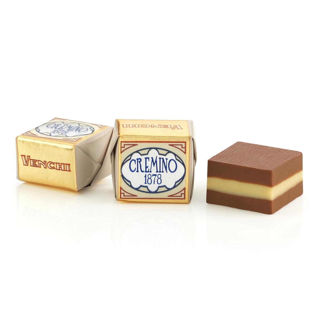 Venchi - Cremini 1878 - Tre-lags chokolade med gianduja med mælk og mandelmasse, "Piemontese Hasselnuts BGB", 1 kg, glutenfri, uden farvestoffer og uden konserveringsmidler